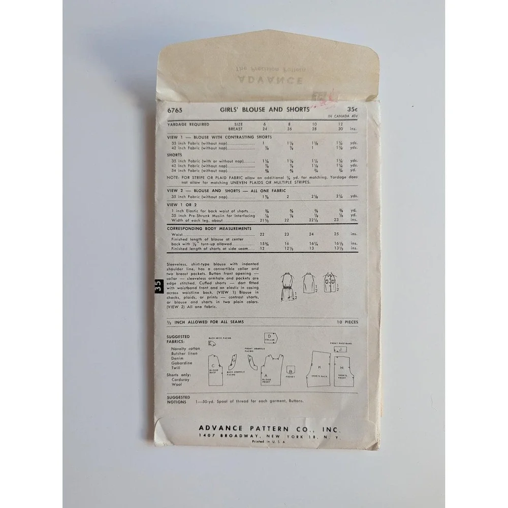Advance 6765 Girls Blouse and Shorts Sewing Pattern Size 12 Breast 30 VTG 1950s